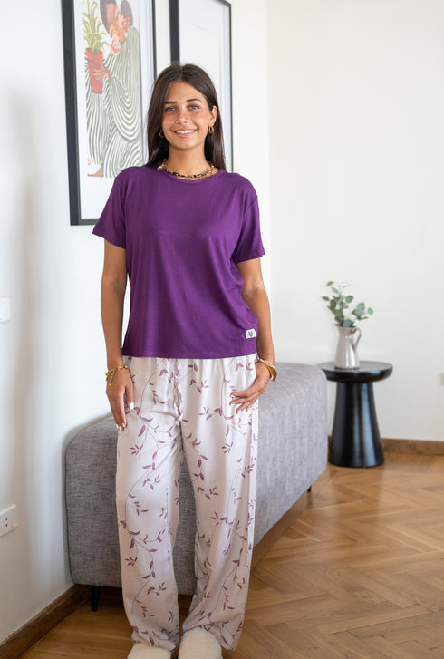 Women summer pajama set Purple Tee + Minimal floral vine Pants